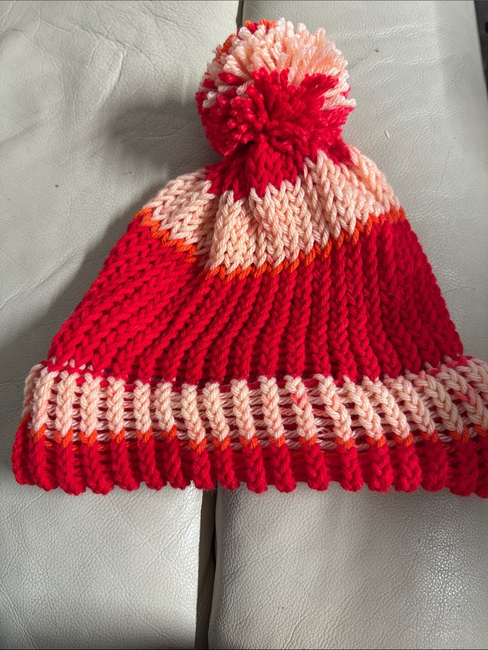 Kids Red & Peach Pom Pom Knit Beanie
